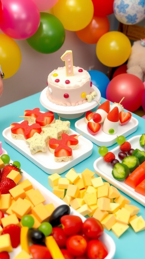 A beautifully arranged appetizer table for a first birthday party with mini sandwiches, fruit skewers, and cheese platters.